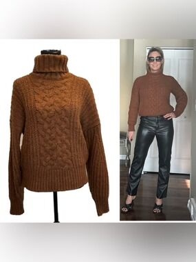Twik Camel Brown Turtleneck Chunky Cable Knit Sweater Sz M